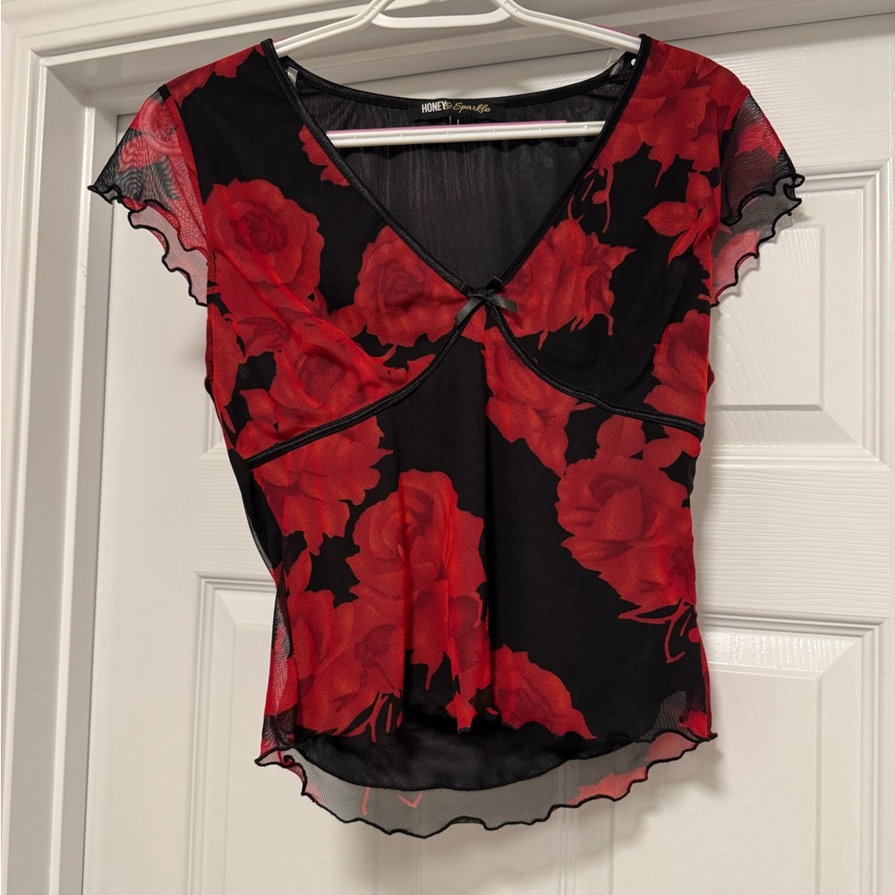 Honey Punch Red and Black Asymmetrical Fitted Blouse